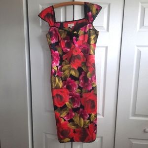 Karen Millen Satin Black Red Pink Lace Dress Sz 12